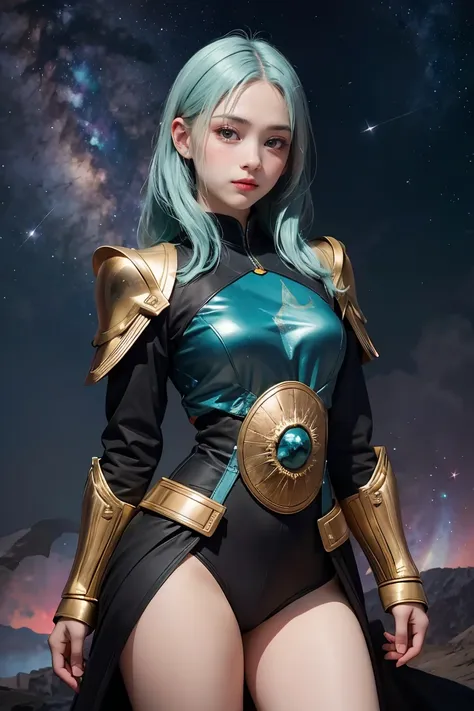 a girl with rainbow colored hair and detailed teal dress armor, standing, rainbow colored cosmic nebula background, stars, galax...