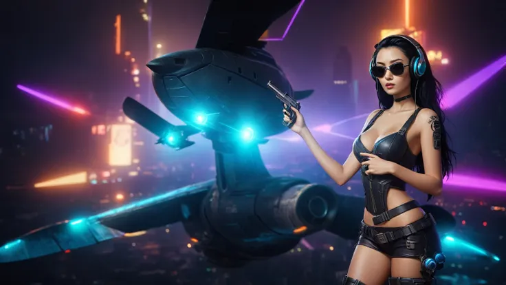 At night, dark sky, distant shot aerial view of fantasy cyberpunk style ((Moai-statue)) city, ((flying vehicle)). ((1girl, solo, alone)), medium-breast:1.1 slim body, cleavage, sexy clothes, (headphone, black sunglasses, long black realistic hair), (((hip-...