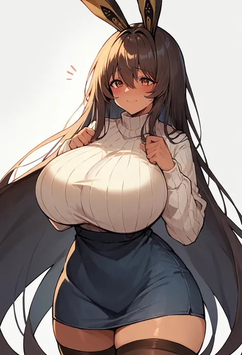 score_9, score_8_up, score_7_up, backlighting, white background, source_anime, (1girl, solo, solo focus), noir, huge breasts, wide hips, narrow waist, thick thighs, very long hair, tan, blush, shy, light smile, rabbit ears, sweater, skirt, thighhighs
 