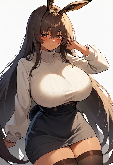 score_9, score_8_up, score_7_up, backlighting, white background, source_anime, (1girl, solo, solo focus), noir, huge breasts, wide hips, narrow waist, thick thighs, very long hair, tan, blush, shy, light smile, rabbit ears, sweater, skirt, thighhighs
 