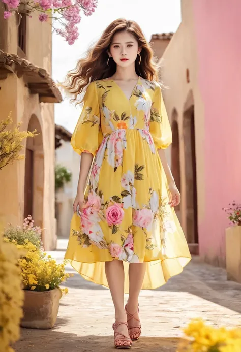 An image of a woman who calmly loves, Detailed medium brown hair, Bright yellow detailed eyes with long eyelashes, White short dress with pink floral print, Detailed brown high heel sandals. full body image. shoes foot