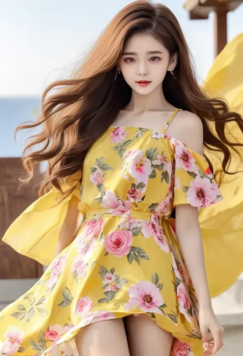 An image of a woman who calmly loves, Detailed medium brown hair, Bright yellow detailed eyes with long eyelashes, White short dress with pink floral print, Detailed brown high heel sandals. full body image. shoes foot