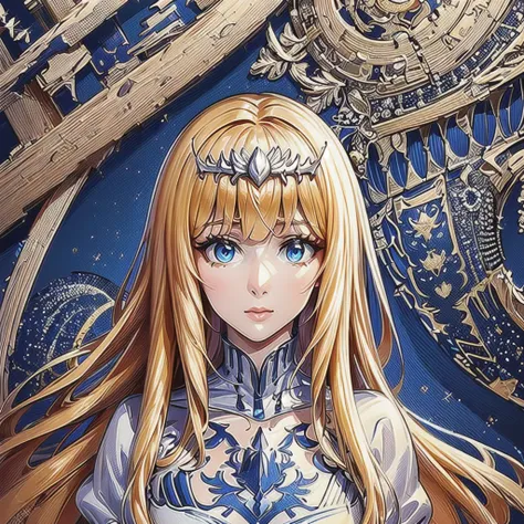 (masterpiece, top quality, best quality, official art, beautiful and aesthetic:1.2),  extreme detailed,(fractal art:1.3),colorful,highest detailed, 1girl,solo, calca, blonde hair, ,( extremely long hair:1.2), very long hair, extra long hair, white tiara, w...