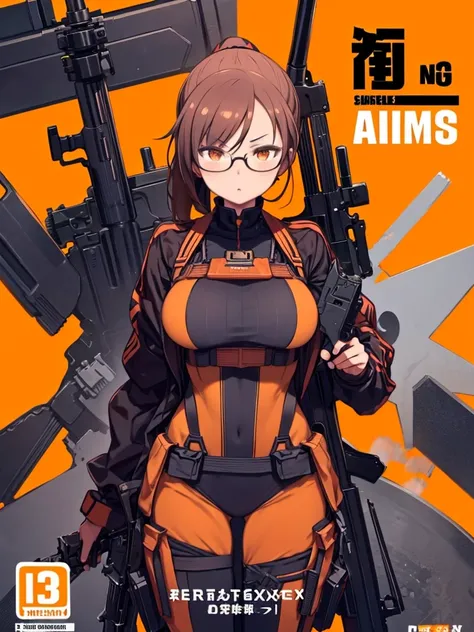 (machine gun, gun, (holding machine gun), Shooting stance, Aim at the enemy), gunner, mature, Folded ponytail, Glasses, Nice huge breasts, (Orange background),