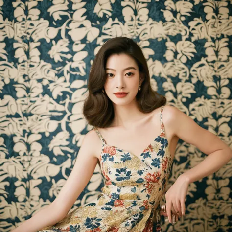 portrait of a a gorgeous young giggling blonde beautiful face Korean girls, still from the film, ((solo)), (Anne Hathaway look alike face: 0.9), in a vintage retro 60s print dress, wearing high heels, posing in front of a pretty 60s wallpaper pattern, Leic...