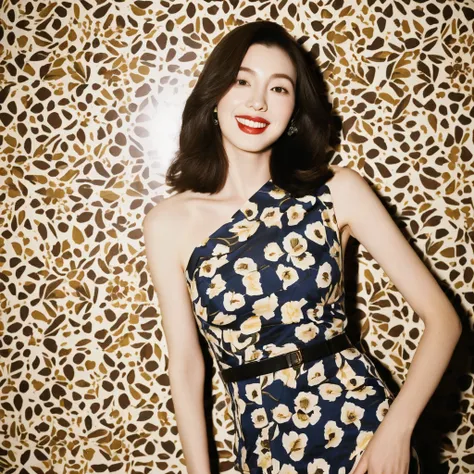 portrait of a a gorgeous young giggling blonde beautiful face Korean girls, still from the film, ((solo)), (Anne Hathaway look alike face: 0.9), in a vintage retro 60s print dress, wearing high heels, posing in front of a pretty 60s wallpaper pattern, Leic...