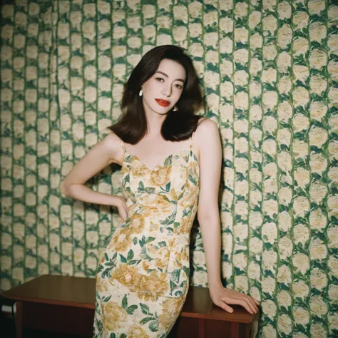 portrait of a a gorgeous young giggling blonde beautiful face Korean girls, still from the film, ((solo)), (Anne Hathaway look alike face: 0.9), in a vintage retro 60s print dress, wearing high heels, posing in front of a pretty 60s wallpaper pattern, Leic...