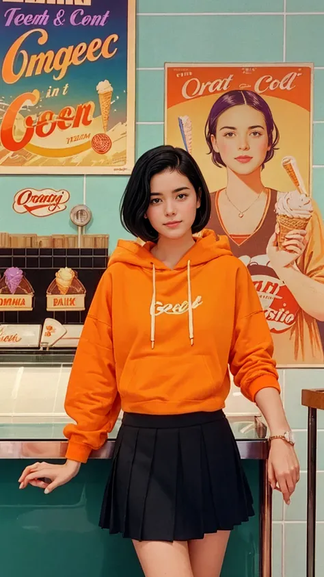 35mm Vintage photo of long shot portrait of cute 23 yo girl ,(perfect natural breast),wear ((orange color oversized hoodie)), wear ((purple tennis skirt)),looking viewer,Best Quality,Masterpiece,Ultra High Resolution,(Realisticity:1.4),Original Photo, 1Gir...