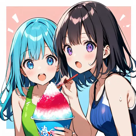 Girls in swimsuits,  girls in swimsuits eating shaved ice on a giant shaved ice,