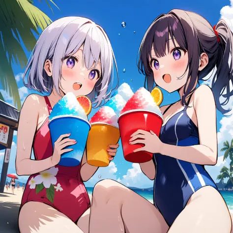 Girls in swimsuits,  girls in swimsuits eating shaved ice on a giant shaved ice,