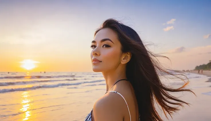 Beautiful American Woman in The beach background is sunset