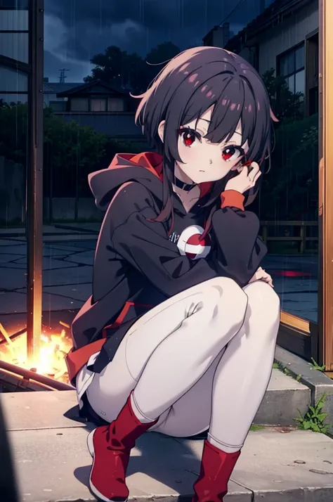 konosubaMegumin, Megumin, short hair, Black Hair, (Red eyes:1.3), short hair with long locks,Oversized red hoodie,Baseball hats,Short denim,White pantyhose,short boots,night,rain,cloudy,Hiding in a roofed building,Sitting on the stairs,whole bodyがイラストに入るよう...