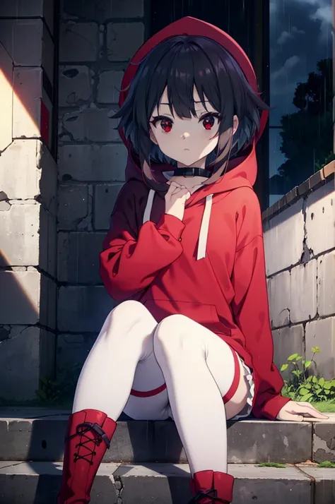 konosubaMegumin, Megumin, short hair, Black Hair, (Red eyes:1.3), short hair with long locks,Oversized red hoodie,Baseball hats,Short denim,White pantyhose,short boots,night,rain,cloudy,Hiding in a roofed building,Sitting on the stairs,whole bodyがイラストに入るよう...