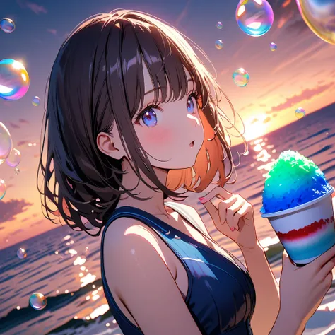 Girls in swimsuits, attractive close-ups of girls, girls in swimsuits eating shaved ice on a giant shaved ice,(Lots of beautiful bubbles:1.4), break ,background(Golden Hour,Very beautiful sea), break ,quality(8K,非常に精細なCGユニットのwallpaper, masterpiece,High res...