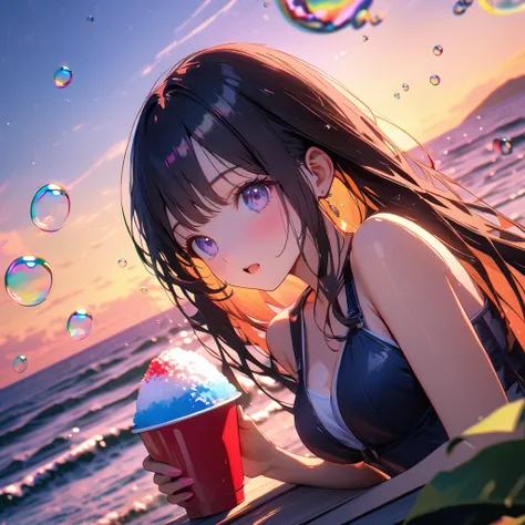 Girls in swimsuits, attractive close-ups of girls, girls in swimsuits eating shaved ice on a giant shaved ice,(Lots of beautiful bubbles:1.4), break ,background(Golden Hour,Very beautiful sea), break ,quality(8K,非常に精細なCGユニットのwallpaper, masterpiece,High res...