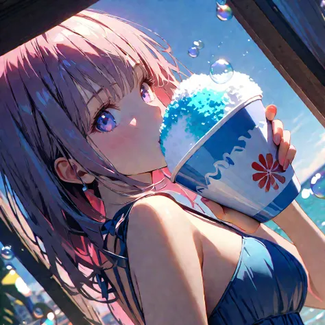 Girls in swimsuits,  girls in swimsuits eating shaved ice on a giant shaved ice,(Lots of beautiful bubbles:1.4), break ,background(Golden Hour,Very beautiful sea), break ,quality(8K,非常に精細なCGユニットのwallpaper, masterpiece,High resolution,top-quality,top-qualit...