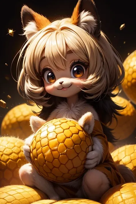 A small animal with fluffy years with honeycomb inserts, big eyes a sweet smile