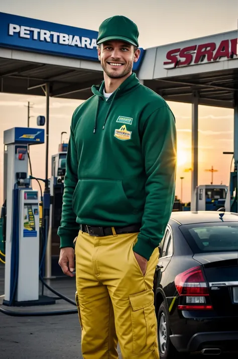 Spectacular realistic 8k photograph of a gas station employee at a Petrobras service station. The assistant is blonde and has a green cap with a logo that says"PETROBRAS" He is dressed in a green sweatshirt with white letters that say the phrase "PETROBRAS...