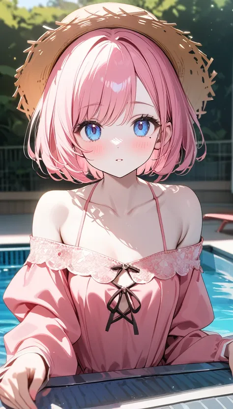 (1 girl),(Best Picture Quality, 8K, Masterpiece:1.3), (18year:1.5), ((pink lob hair:1.1)), (bob cut),(swept bangs), (cute eyes, pupil black, iris skyblue, youthful face), (mole under right eye), (standard weight), (small breasts), (glistening skin:1.1),(pa...