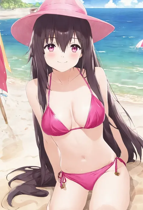 Megumin wearing cute pink bikini and playing in beach