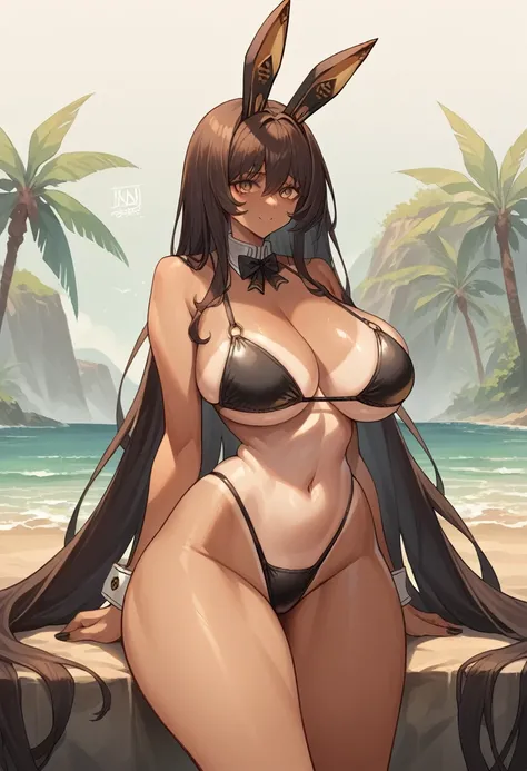 score_9, score_8_up, score_7_up, beach background, source_anime, (1girl, solo, solo focus), noir, huge breasts, wide hips, narrow waist, thick thighs, very long hair, tan, light smile, rabbit ears, bikini, detailed background