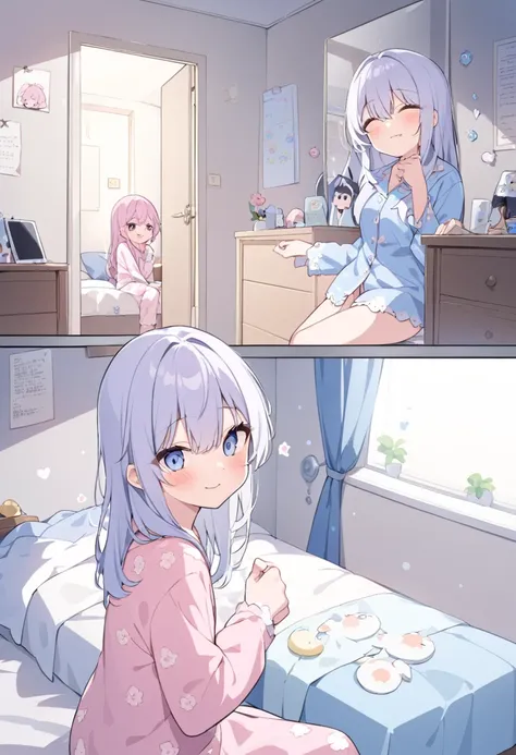 high school student、女子high school student、View here、Inside the room、pajamas、Pajamas、before sleep、Sit on the bed、Waking up、Cute face、dark、