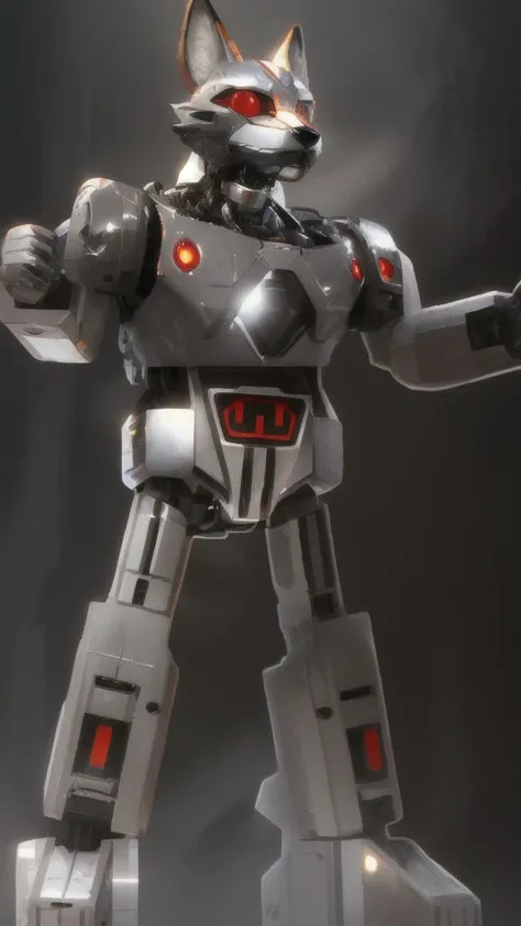 "A Disney-Pixar inspired giant robot with a retro, chrome finish, red accents, and design elements reminiscent of a fox deity. The robot has a gentle and kind face, while its body is strong and powerful. The scene captures the entire body of the robot, hig...