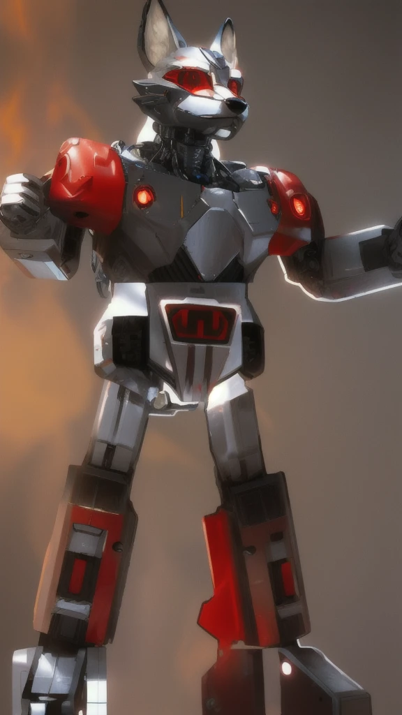 "A Disney-Pixar inspired giant robot with a retro, chrome finish, red accents, and design elements reminiscent of a fox deity. The robot has a gentle and kind face, while its body is strong and powerful. The scene captures the entire body of the robot, hig...