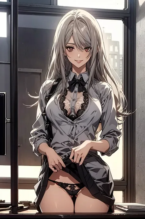 (Highest quality, High resolution, Very detailed), 1 female, Silver Hair, Long Hair, Reddish brown eyes, office staff suit skirt, lace thong, Large Breasts, secretary, 24th generation, Beautiful woman, mature, thin, quiet, Calm, Large Breasts, A small smil...