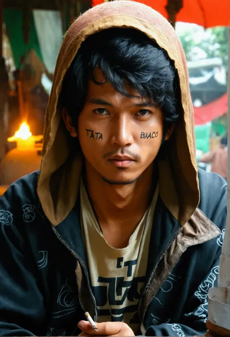 a 30-year-old Betawi Indonesian man wearing a hooded jacket with TAHTA BACCO written on his chest, holding a cigarette, sitting at a tobacco cutting place, 3d, realistic