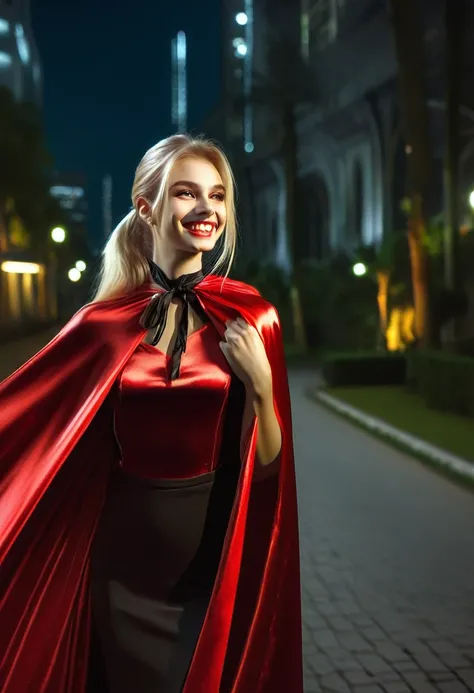 Vampyfangs1,(RAW photo) , 1girl, cute, 20 years old, long blonde hair in ponytail, smiling, look at viewer, ((((silver and red lined satin cape tied at the neck)))+++, side spilt skirt , photo, realistic, best quality, hires, detailed face, detailed backgr...