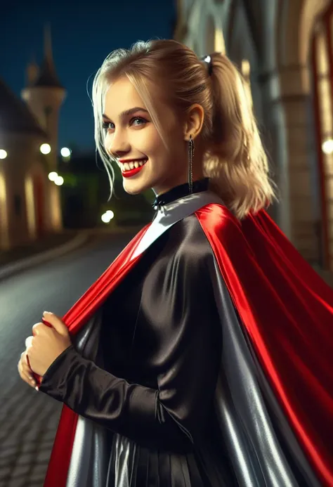 Vampyfangs1,(RAW photo) , 1girl, cute, 20 years old, long blonde hair in ponytail, smiling, look at viewer, ((((silver and red lined satin cape tied at the neck)))+++, side spilt skirt , photo, realistic, best quality, hires, detailed face, detailed backgr...