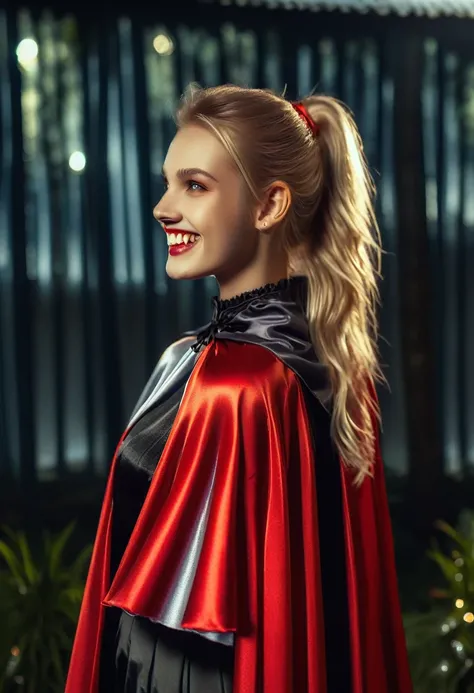 Vampyfangs1,(RAW photo) , 1girl, cute, 20 years old, long blonde hair in ponytail, smiling, look at viewer, ((((silver and red lined satin cape tied at the neck)))+++, side spilt skirt , photo, realistic, best quality, hires, detailed face, detailed backgr...