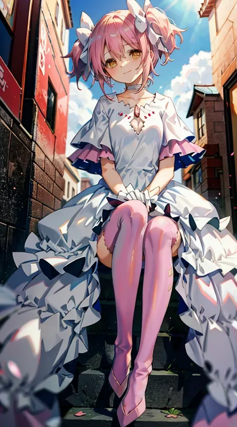 Pink hair，madoka，street，Smile，Foot washing