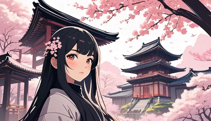 Female Ninja,Background is cherry blossoms and a Japanese temple、 Wide-angle lens, Lofi Anime, Lofi illustration, Aesthetic atmosphere, Lo-Fi Style, Vector art, Flat Design, Simple shape, Warm tones, Pleasant atmosphere, Chill, In anime style, Digital draw...