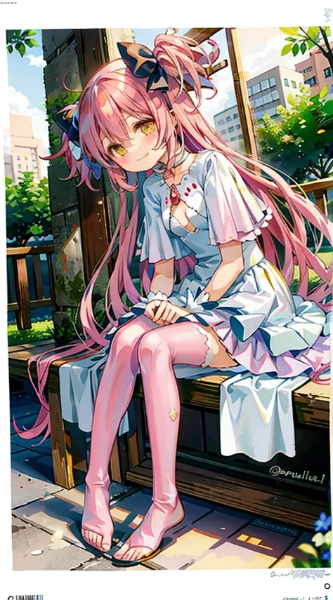 Pink hair，madoka，street，Smile，Foot washing