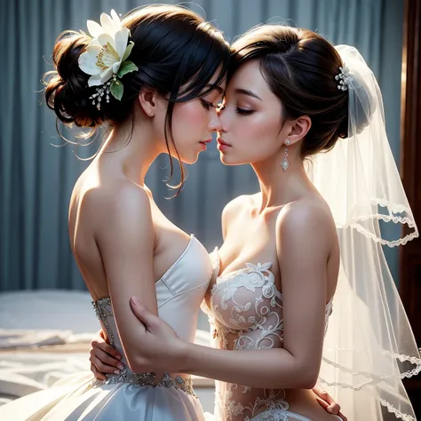 (masterpiece, highest quality, official art, beauty and aesthetic), perfect anatomy, two stunning bride is deeply in love with each other, kiss, flower, romantic atmosphere