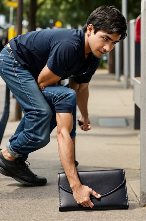 :Max bending down to pick up a wallet from the ground, with a curious expression.