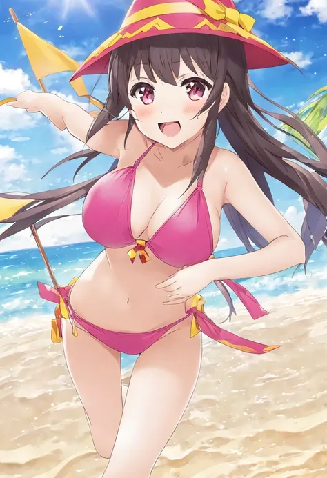  Megumin from konosuba wearing cute pink bikini and playing in beach