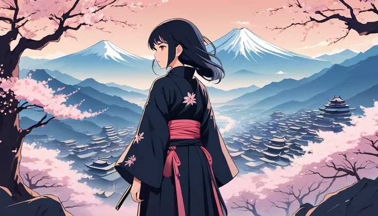 Female Ninja,The background is cherry blossoms and mountains、 Wide-angle lens, Lofi Anime, Lofi illustration, Aesthetic atmosphere, Lo-Fi Style, Vector art, Flat Design, Simple shape, Warm tones, Pleasant atmosphere, Chill, In anime style, Digital drawing,...