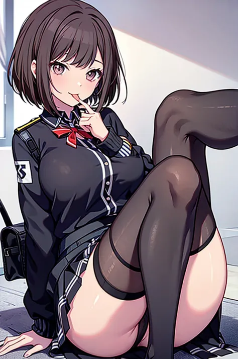 Tongue licking, black knee-high socks, big breasts, uniform, brown hair, M-shaped legs