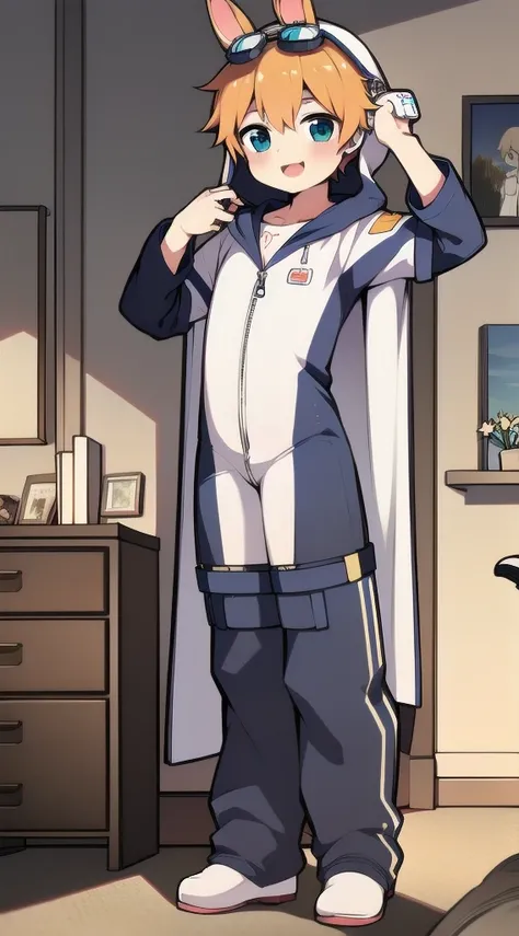 2D Shonen Shota，One-piece racing suit，Slim, healthy body，Put the headphones on your head，stand up，goggles，Rabbit ears，Happy，Sailor collar，tie，zipper，hood，Trench coat，living room