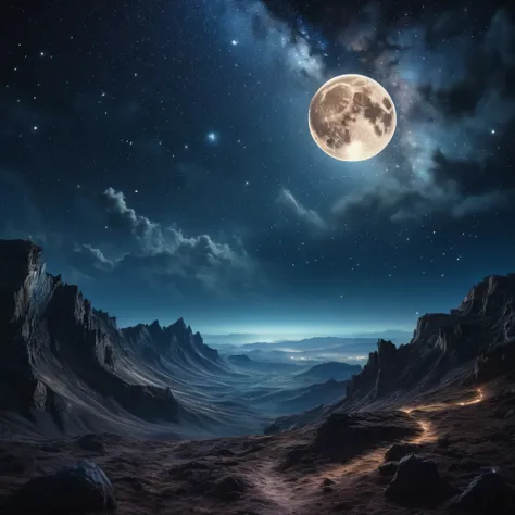 detailed fantasy night sky, full moon, Milky Way, dramatic lighting, Shining stars, cinematographic composition, ethereal mood, atmospheric, mystic, from another world, 8k, high resolution, detailed, photorealistic, dramatic lighting, fantasy art, conceptu...