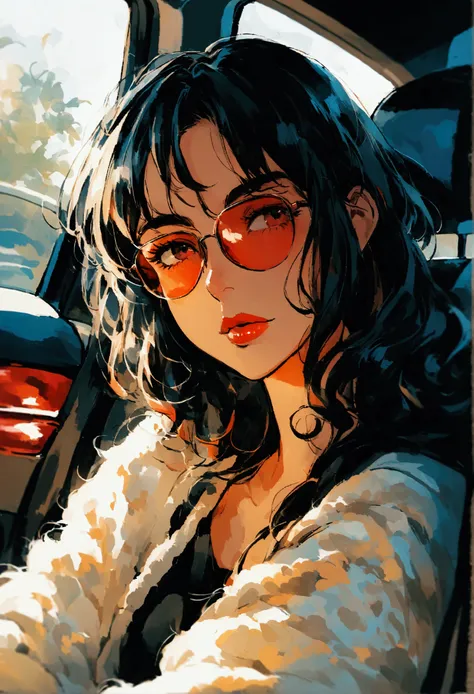 Girl，((student))，Black Hair，Sitting in the back of a luxury car，Wearing sunglasses，((Wave))，Rich colors，Illustration style