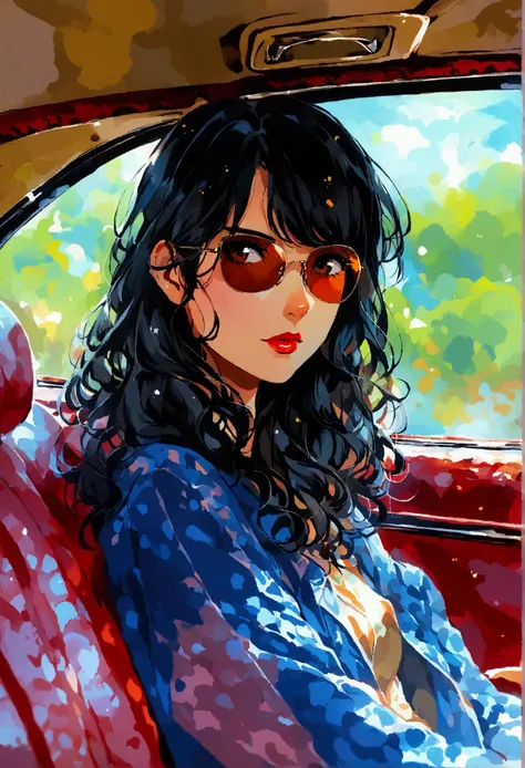 Girl，((student))，Black Hair，Sitting in the back of a luxury car，Wearing sunglasses，((Wave))，Rich colors，Illustration style