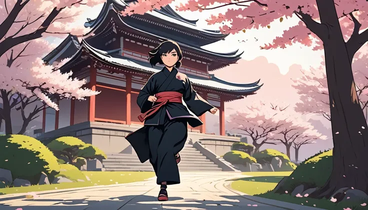 Female ninja running,Background is cherry blossoms and a Japanese temple、 Wide-angle lens, Lofi Anime, Lofi illustration, Aesthetic atmosphere, Lo-Fi Style, Vector art, Flat Design, Simple shape, Warm tones, Pleasant atmosphere, Chill, In anime style, Digi...