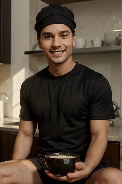 realistic picture, 3d A man is sitting,wearing a black shirt ,wearing a skullcap,holding a bowl,porridge,smiling 