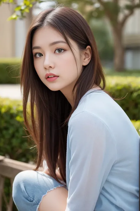 ulzzang-6500-v1.1,(RAW Photos:1.2), (Photorealistic), (Genuine:1.4), ((masterpiece)),(Very realistic, High resolution, Detailed face, Beautiful Eyes), ((Glowing silver hair))、((blue eyes))、Pure beautiful girl、Crouch down、Shot from the side、