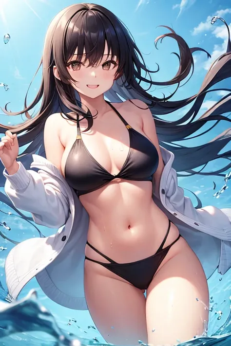 girl、Black Bikini、Beautiful body、Beautiful chest、She is wearing a thin white cardigan over her swimsuit.、Black long hair、Water is falling from above、smile、Dynamic、Are thin、Slim body、Bikinis are less revealing