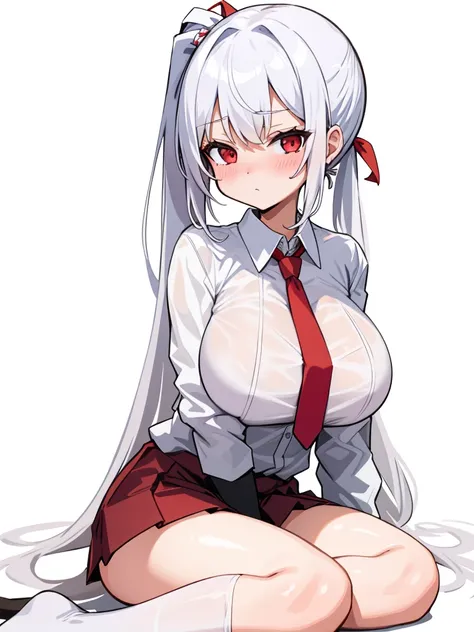 masterpiece, best quality, ultra-detailed, illustration,1girl, white hair, ponytail hairstyle, White school shirt, Red tie, Red short skirt, blush, big breasts, Big thigh, White stockings, looking at viewer, simple background, solo, very sexy pose sitting ...